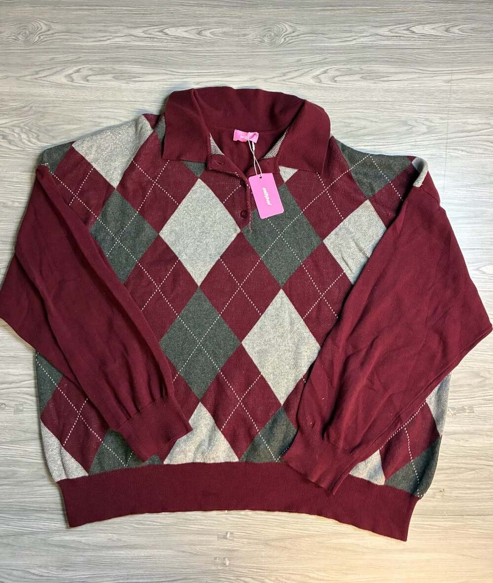 eclipse Argyle Polo Sweater Size M Maroon Gray